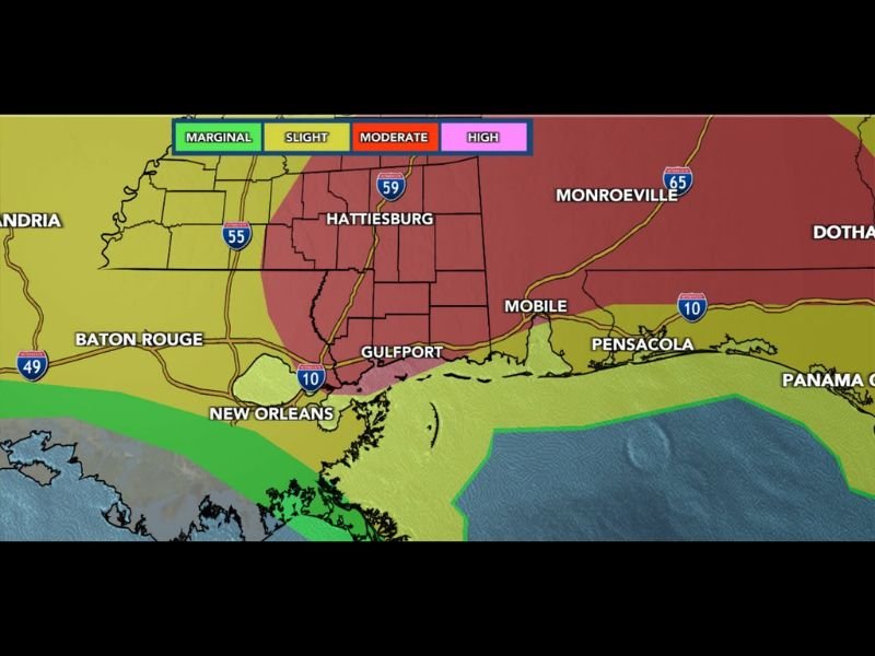 Mississippi and Alabama Face Moderate Flash Flooding Risk Friday as Leftover Moisture From Arthur Fuels Efficient Rainfall Producers Near Hattiesburg and Mobile